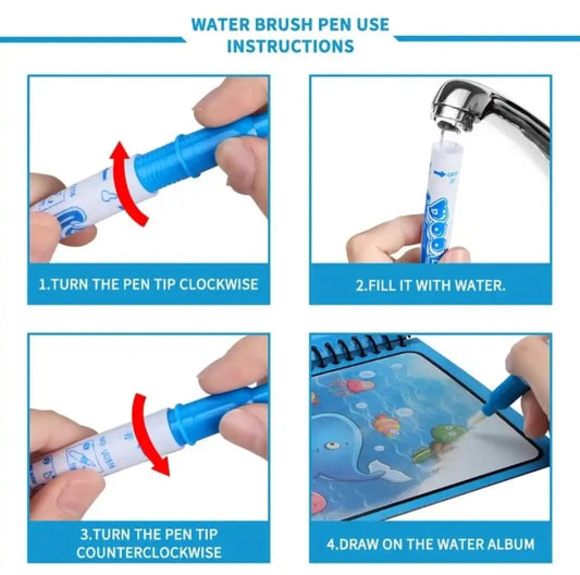Magic Water Book, Water Drawing Book, Reusable Doddle Book with Pen for Kids
